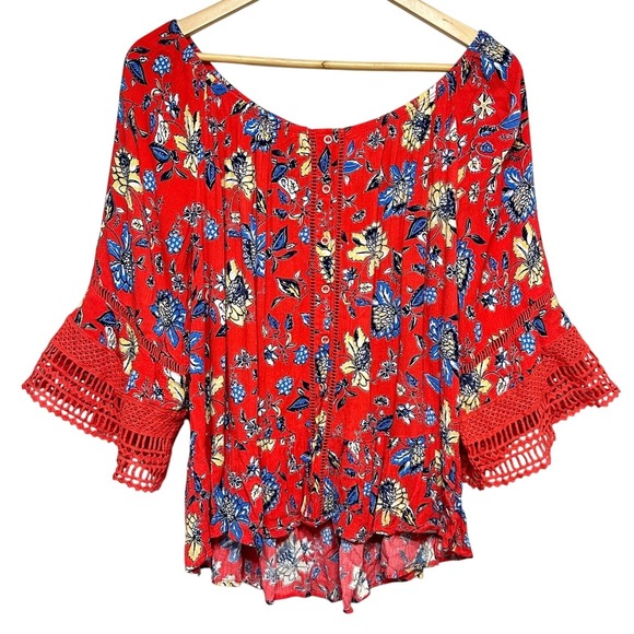 Democracy Tops - Democracy Boho Floral Blouse Womens Plus 1X Red Crochet Bell Sleeve Top Festival